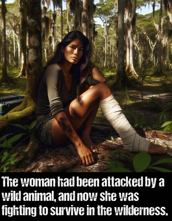 wilderness: The woman had been attacked by a wild animal, and now she was fighting to survive in the wilderness.