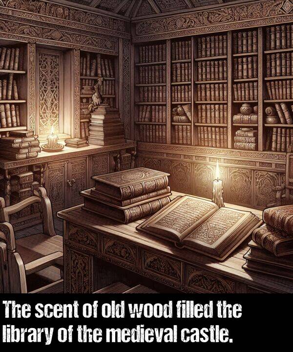 old: The scent of old wood filled the library of the medieval castle.