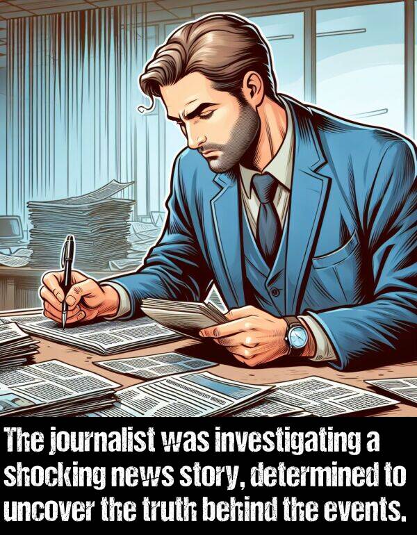 news: The journalist was investigating a shocking news story, determined to uncover the truth behind the events.