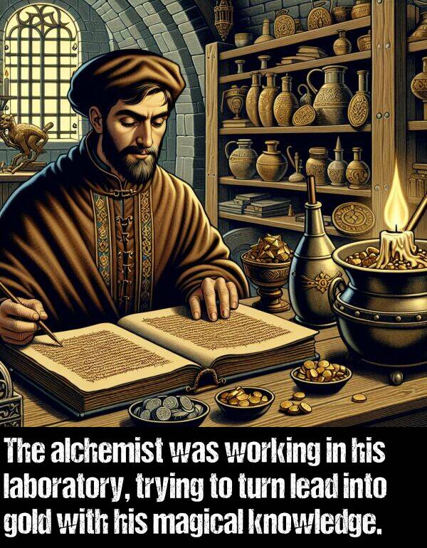 working: The alchemist was working in his laboratory, trying to turn lead into gold with his magical knowledge.