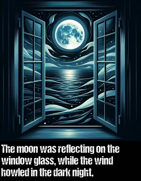 window: The moon was reflecting on the window glass, while the wind howled in the dark night.