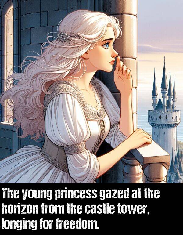 horizon: The young princess gazed at the horizon from the castle tower, longing for freedom.