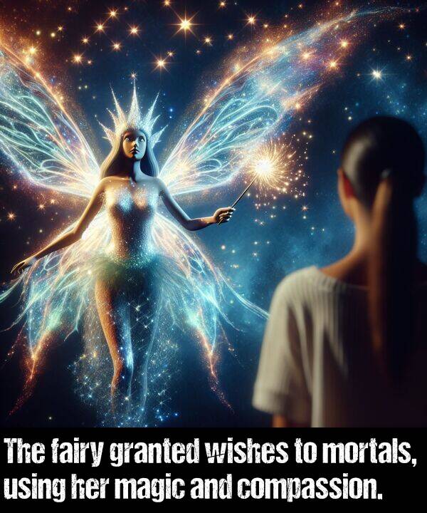 wishes: The fairy granted wishes to mortals, using her magic and compassion.