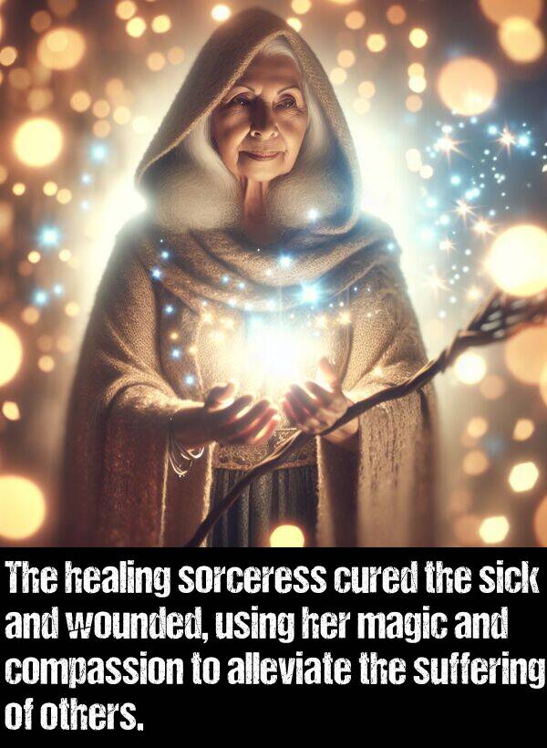 alleviate: The healing sorceress cured the sick and wounded, using her magic and compassion to alleviate the suffering of others.