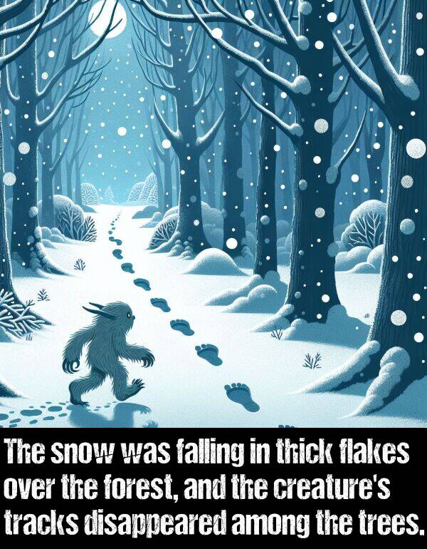 among: The snow was falling in thick flakes over the forest, and the creature's tracks disappeared among the trees.