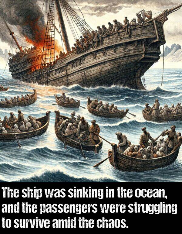 ocean: The ship was sinking in the ocean, and the passengers were struggling to survive amid the chaos.