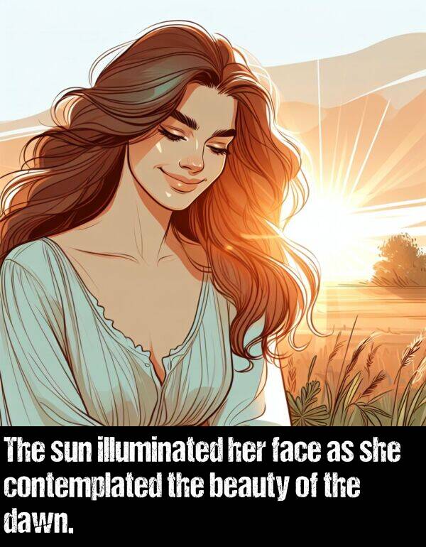 beauty: The sun illuminated her face as she contemplated the beauty of the dawn.