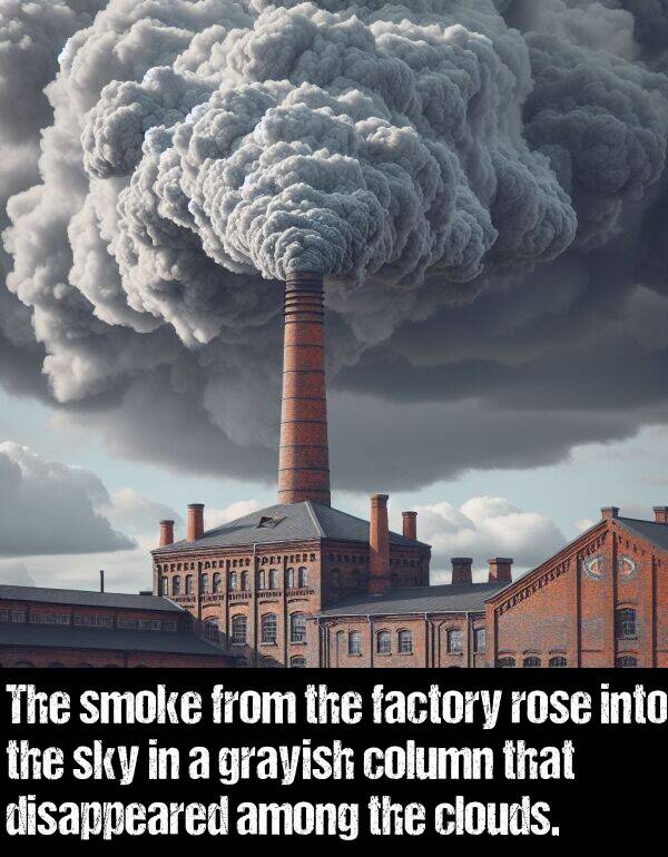 among: The smoke from the factory rose into the sky in a grayish column that disappeared among the clouds.