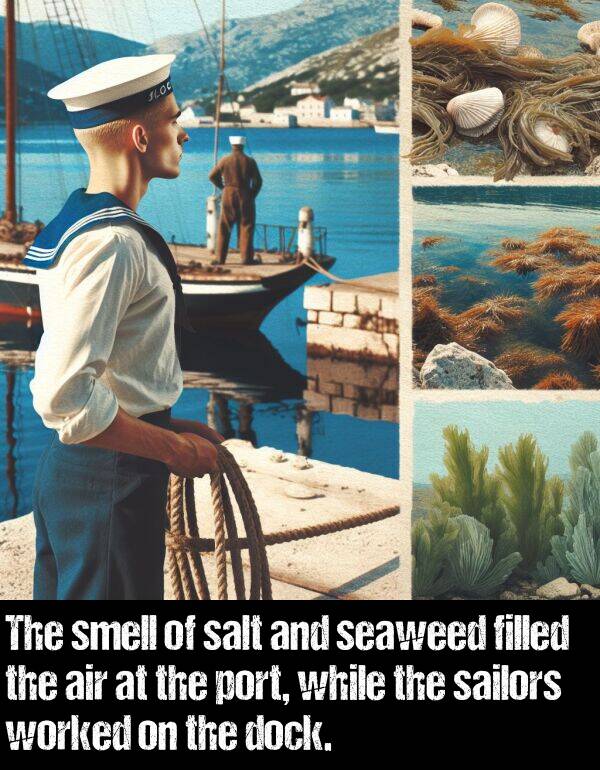 port: The smell of salt and seaweed filled the air at the port, while the sailors worked on the dock.