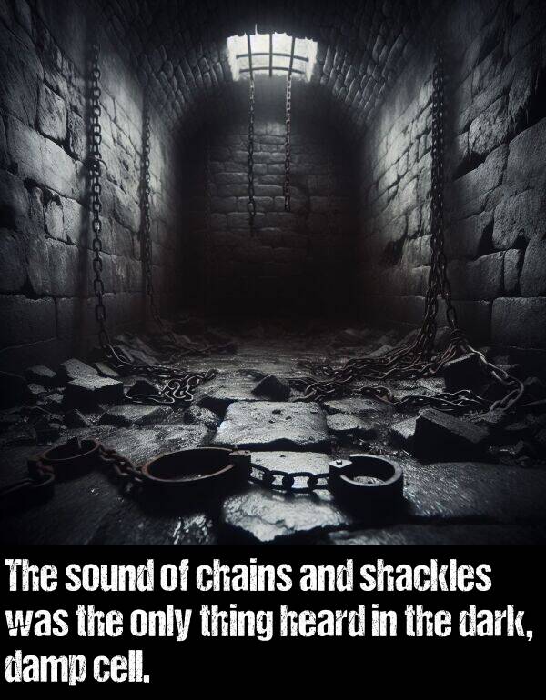 shackles: The sound of chains and shackles was the only thing heard in the dark, damp cell.