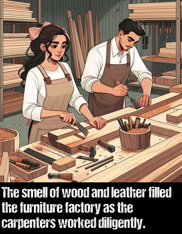 leather: The smell of wood and leather filled the furniture factory as the carpenters worked diligently.