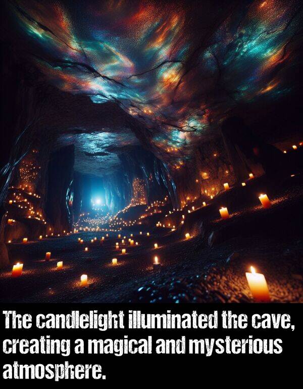 creating: The candlelight illuminated the cave, creating a magical and mysterious atmosphere.