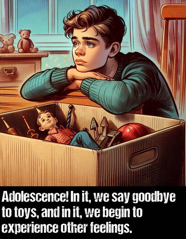 goodbye: Adolescence! In it, we say goodbye to toys, and in it, we begin to experience other feelings.