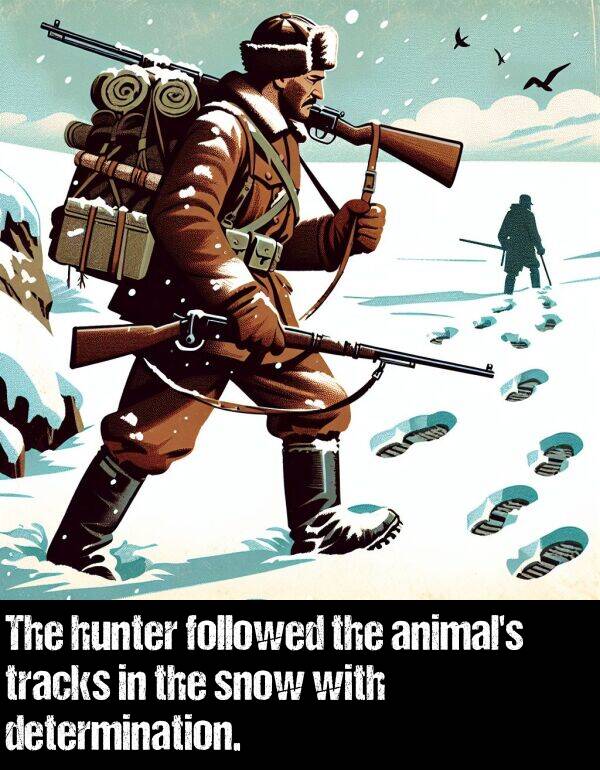 followed: The hunter followed the animal's tracks in the snow with determination.