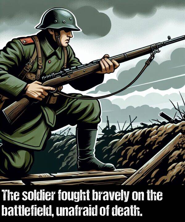 bravely: The soldier fought bravely on the battlefield, unafraid of death.