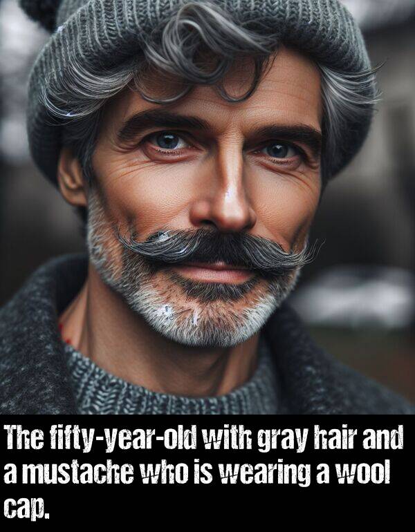 wool: The fifty-year-old with gray hair and a mustache who is wearing a wool cap.