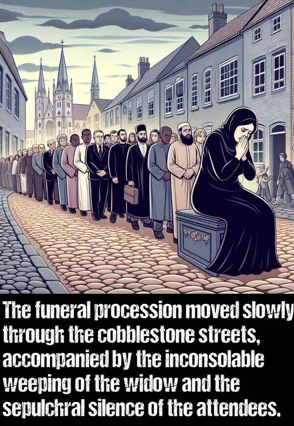 weeping: The funeral procession moved slowly through the cobblestone streets, accompanied by the inconsolable weeping of the widow and the sepulchral silence of the attendees.