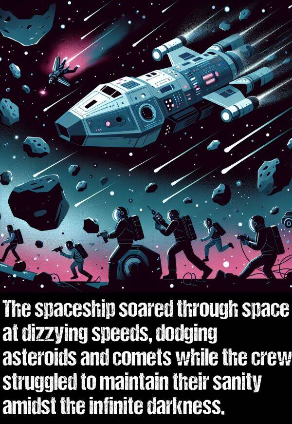 spaceship: The spaceship soared through space at dizzying speeds, dodging asteroids and comets while the crew struggled to maintain their sanity amidst the infinite darkness.