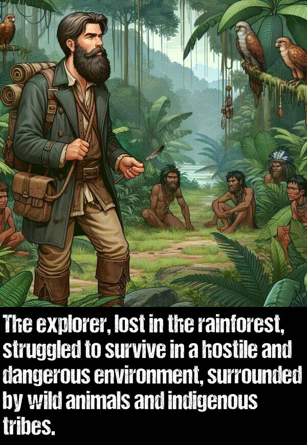 indigenous: The explorer, lost in the rainforest, struggled to survive in a hostile and dangerous environment, surrounded by wild animals and indigenous tribes.