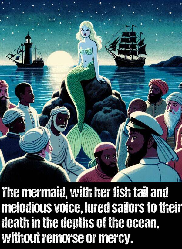 melodious: The mermaid, with her fish tail and melodious voice, lured sailors to their death in the depths of the ocean, without remorse or mercy.