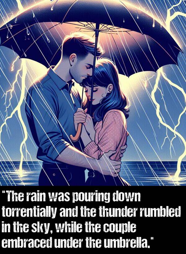 torrentially: "The rain was pouring down torrentially and the thunder rumbled in the sky, while the couple embraced under the umbrella."