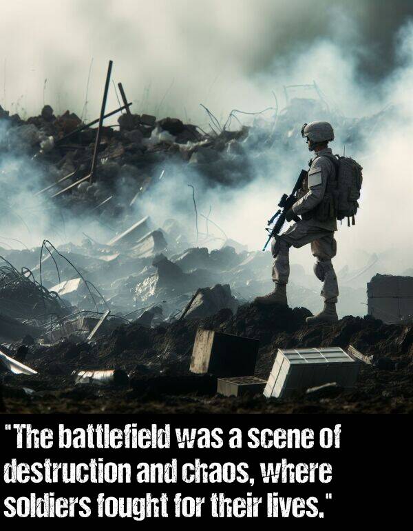 lives: "The battlefield was a scene of destruction and chaos, where soldiers fought for their lives."