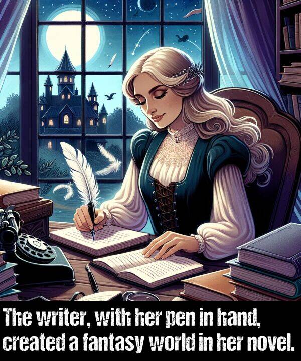 world: The writer, with her pen in hand, created a fantasy world in her novel.