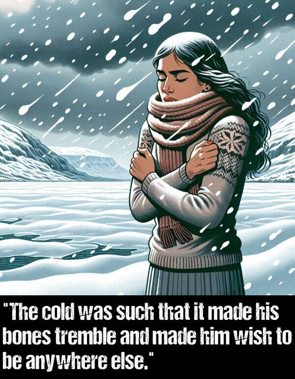 bones: "The cold was such that it made his bones tremble and made him wish to be anywhere else."