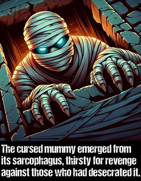 emerged: The cursed mummy emerged from its sarcophagus, thirsty for revenge against those who had desecrated it.