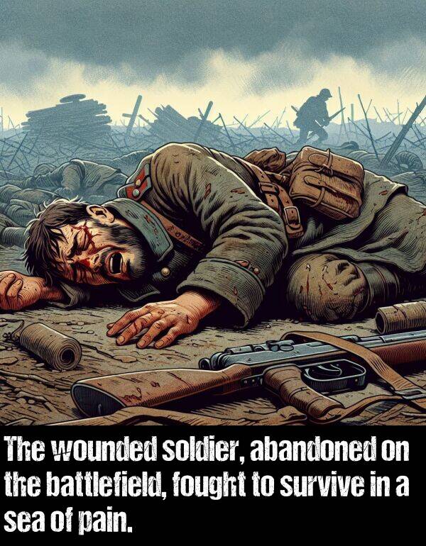 soldier: The wounded soldier, abandoned on the battlefield, fought to survive in a sea of pain.