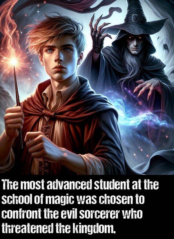 sorcerer: The most advanced student at the school of magic was chosen to confront the evil sorcerer who threatened the kingdom.