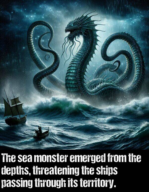 emerged: The sea monster emerged from the depths, threatening the ships passing through its territory.