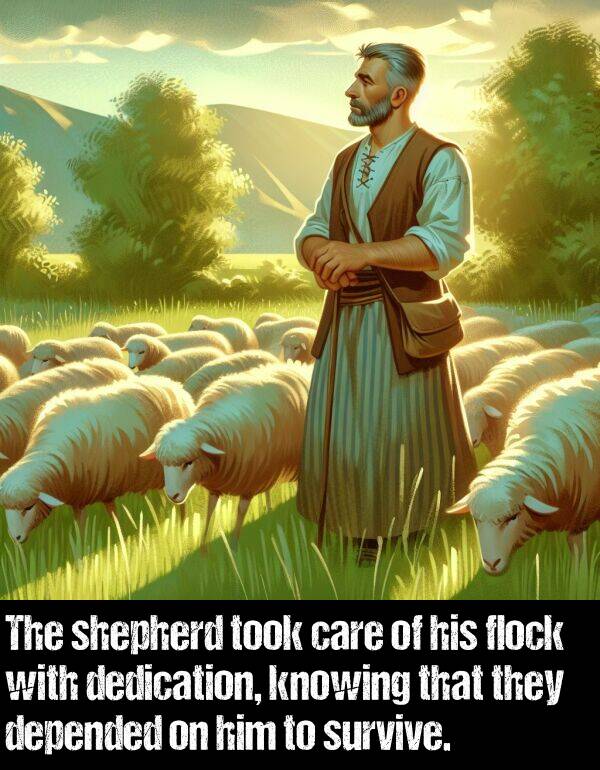 depended: The shepherd took care of his flock with dedication, knowing that they depended on him to survive.