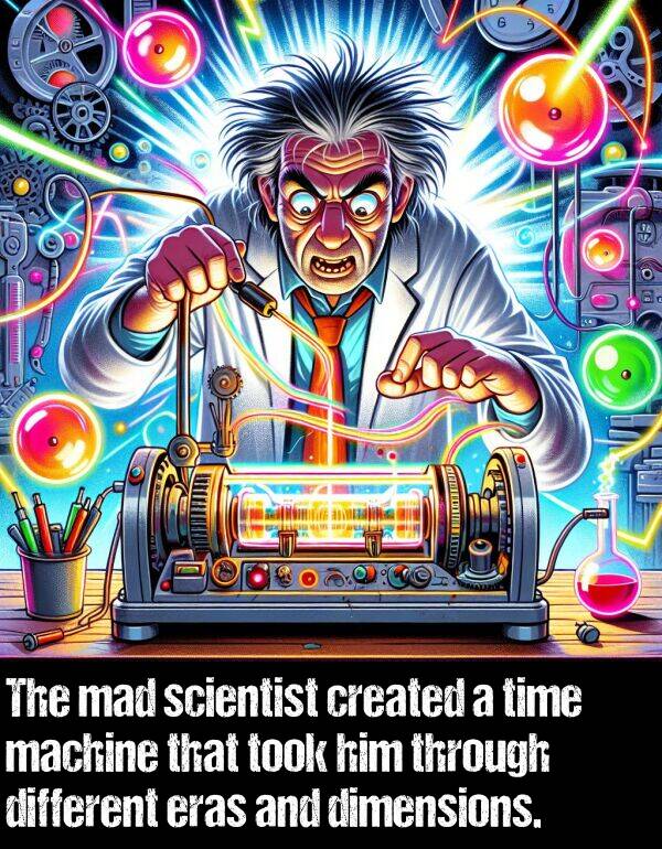 different: The mad scientist created a time machine that took him through different eras and dimensions.