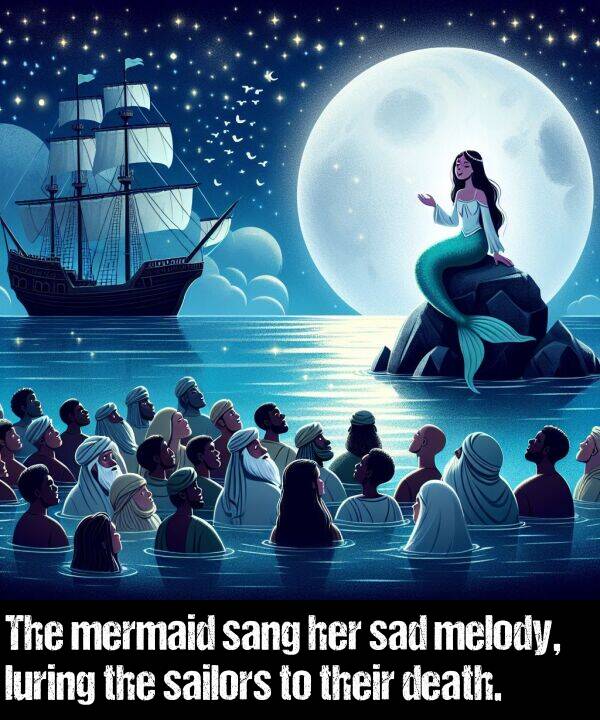 melody: The mermaid sang her sad melody, luring the sailors to their death.