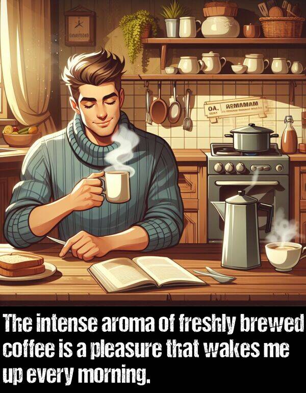 every: The intense aroma of freshly brewed coffee is a pleasure that wakes me up every morning.