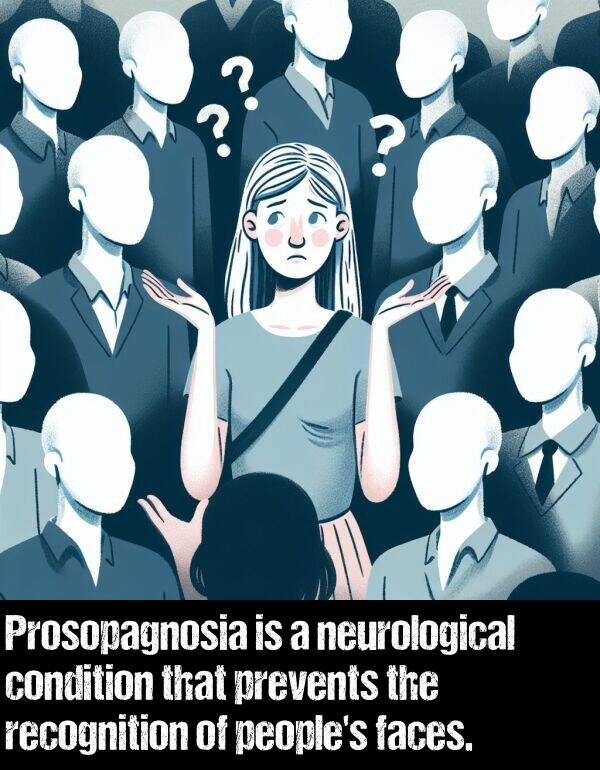 prevents: Prosopagnosia is a neurological condition that prevents the recognition of people's faces.