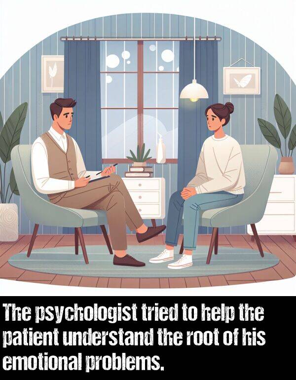 problems: The psychologist tried to help the patient understand the root of his emotional problems.