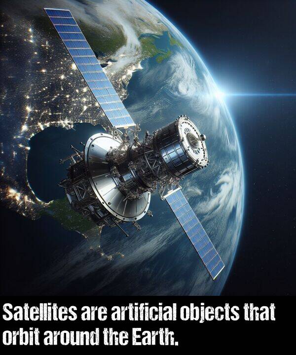 objects: Satellites are artificial objects that orbit around the Earth.