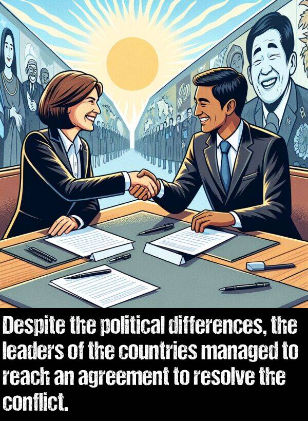 political: Despite the political differences, the leaders of the countries managed to reach an agreement to resolve the conflict.