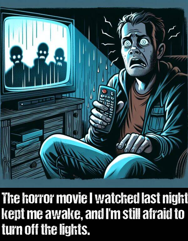 horror: The horror movie I watched last night kept me awake, and I'm still afraid to turn off the lights.