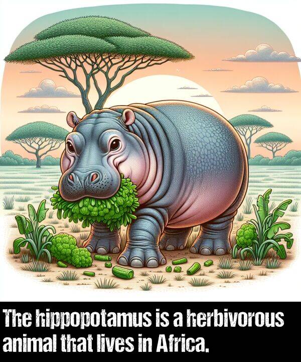 herbivorous: The hippopotamus is a herbivorous animal that lives in Africa.