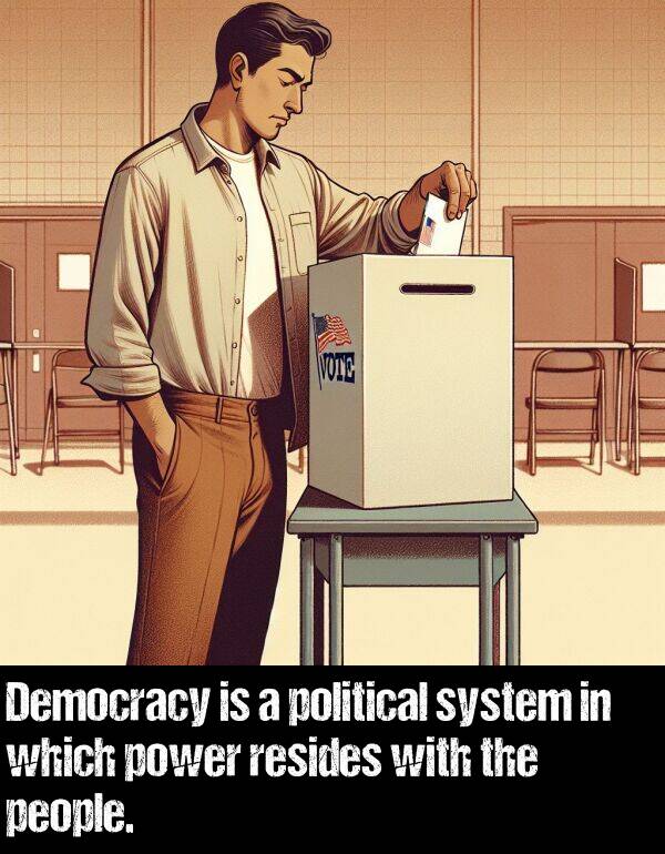 political: Democracy is a political system in which power resides with the people.