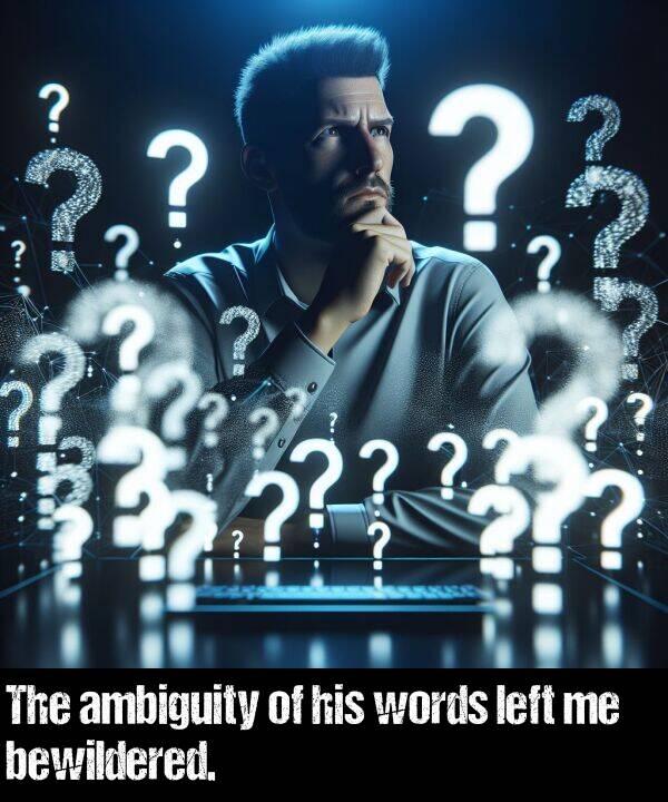 his: The ambiguity of his words left me bewildered.