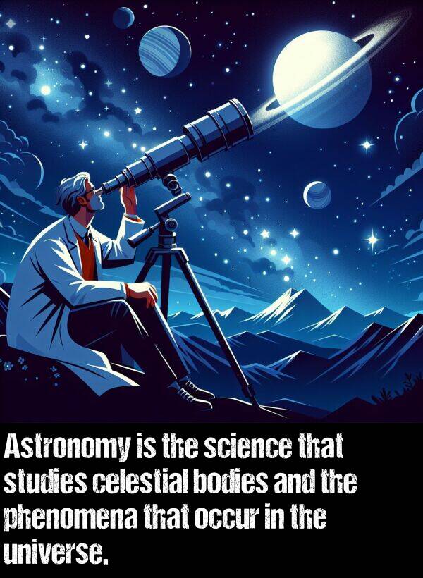 occur: Astronomy is the science that studies celestial bodies and the phenomena that occur in the universe.