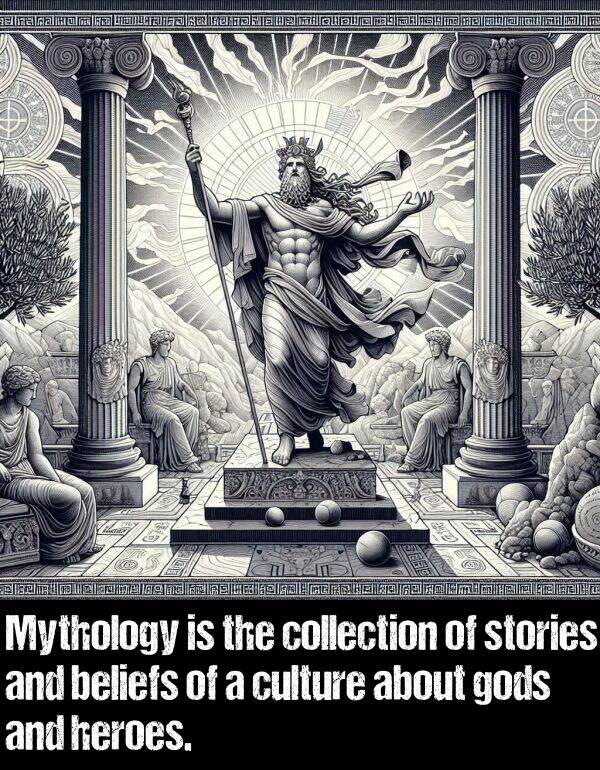 beliefs: Mythology is the collection of stories and beliefs of a culture about gods and heroes.