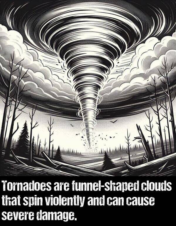 clouds: Tornadoes are funnel-shaped clouds that spin violently and can cause severe damage.