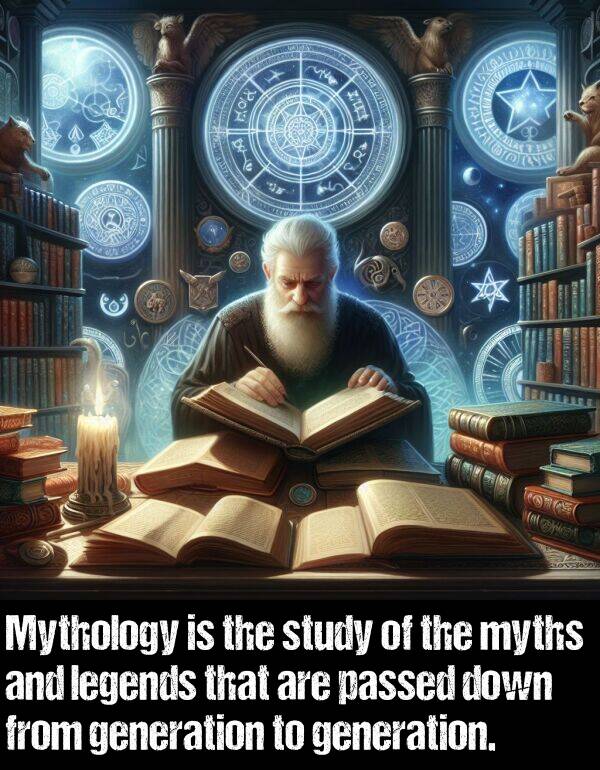 generation: Mythology is the study of the myths and legends that are passed down from generation to generation.