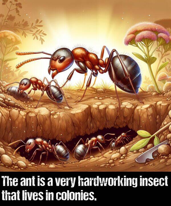 lives: The ant is a very hardworking insect that lives in colonies.