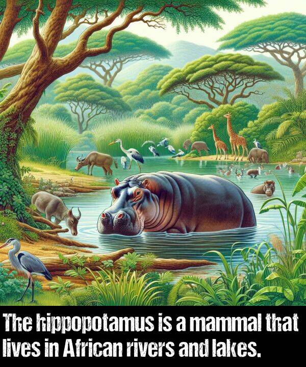 lives: The hippopotamus is a mammal that lives in African rivers and lakes.